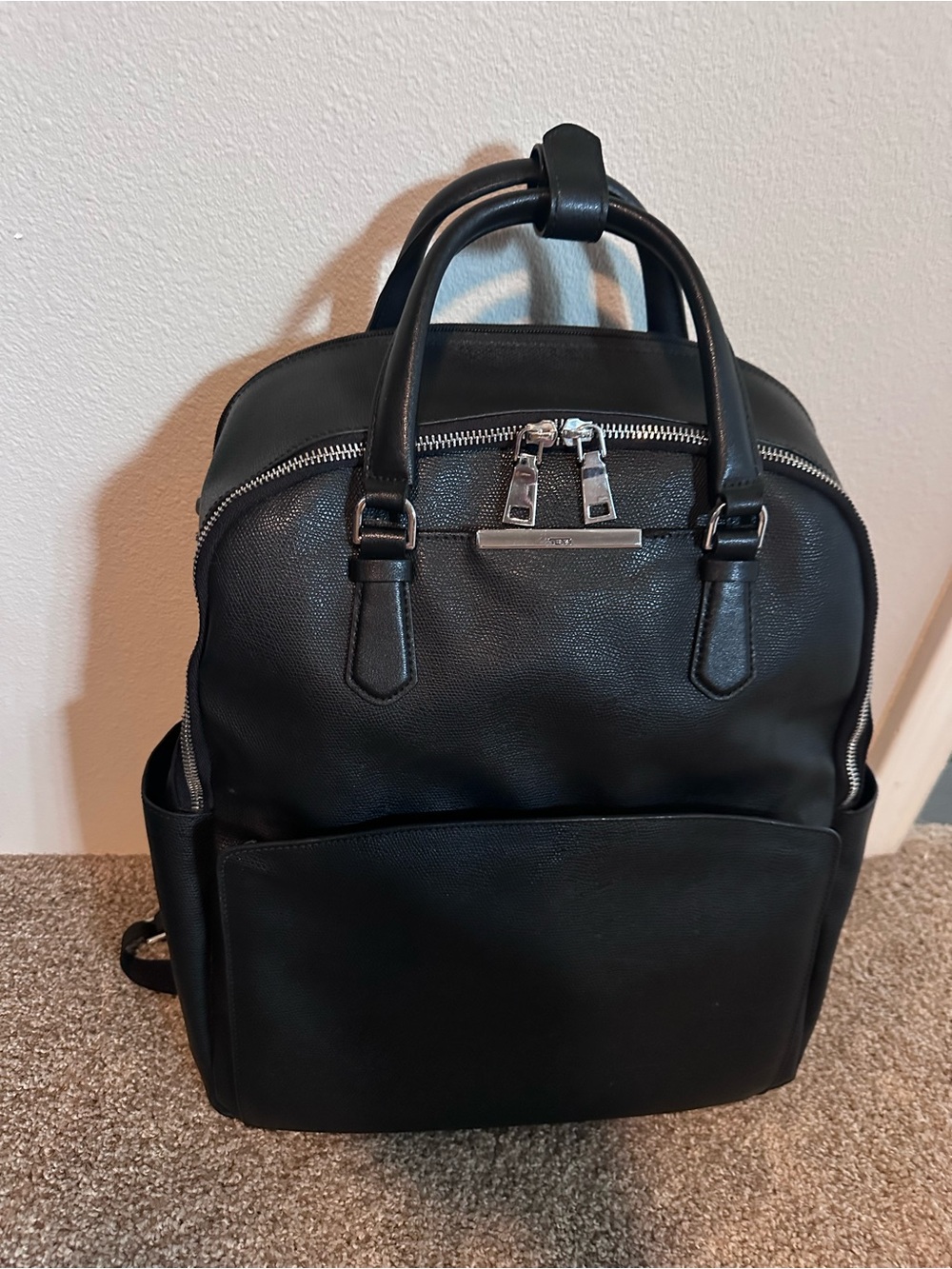 Tumi Black Leather Laptop Backpack with Silver Hardware